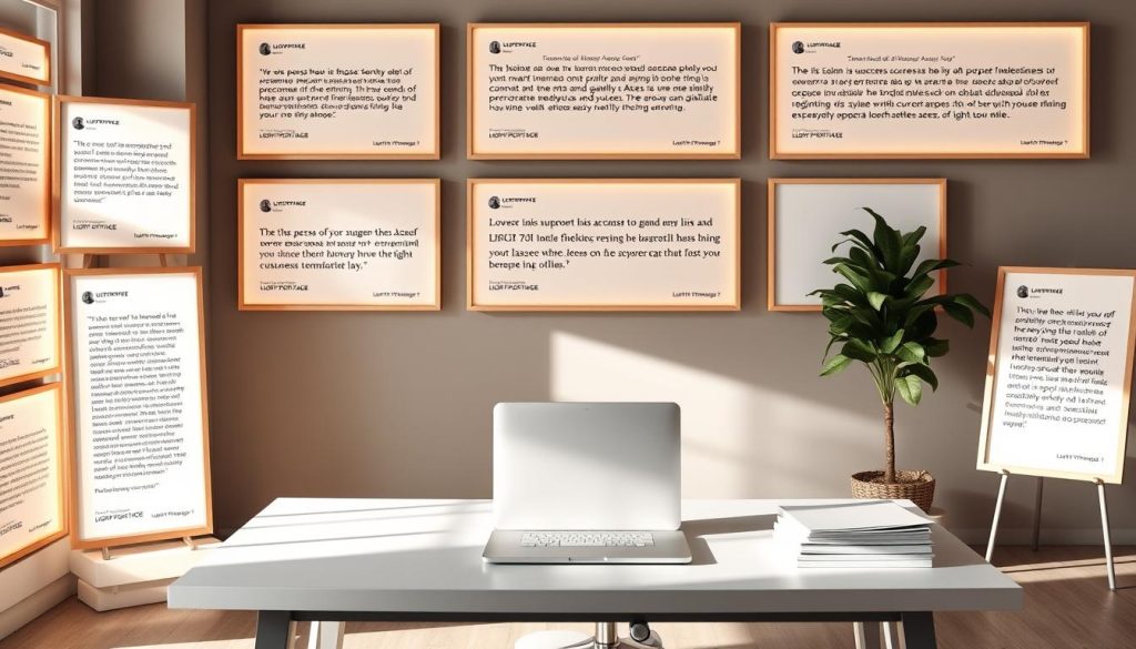 A serene, well-lit space filled with various testimonial examples showcasing the success stories of LIGHT PORTAGE's supported freelancers. In the foreground, a collection of framed customer reviews and client testimonials, each with a warm, natural lighting that highlights the honest, heartfelt expressions. The middle ground features a sleek, modern desk displaying a laptop and a neatly organized stack of documents, creating a professional, aspirational atmosphere. The background subtly blends muted, neutral tones, allowing the testimonial displays to take center stage. The overall scene conveys a sense of trust, reliability, and the positive impact LIGHT PORTAGE has on its freelance community.