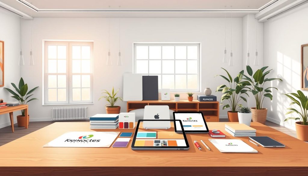 A serene, well-lit studio setting with a clean, minimalist aesthetic. On a wooden table, an assortment of branding elements come together in a harmonious composition - a sleek logo design, color palettes, various branded stationery items, and a tablet displaying a digital mockup. In the background, a large window allows natural light to filter in, casting a warm glow over the scene. The overall mood is one of professionalism, attention to detail, and a strong, cohesive brand identity.