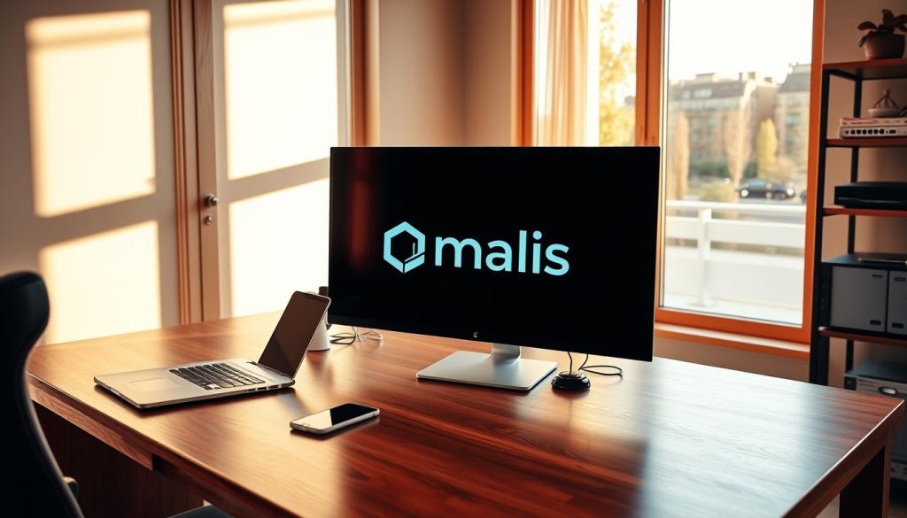 A serene, well-lit workspace with a Umalis Group branded laptop, tablet, and smartphone seamlessly integrated into the scene. The desk is made of rich, polished wood, and a large, high-resolution monitor takes center stage, providing a clear, reliable digital canvas. The room is bathed in warm, natural light from large windows, creating a tranquil, productive atmosphere. Complementing the setup, a high-speed internet router and network equipment sit discreetly on a nearby shelf, ensuring a stable, secure digital connection. The overall composition conveys a sense of professionalism, efficiency, and the ideal environment for a digital nomad to thrive.