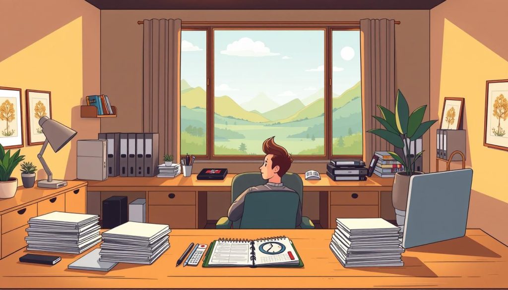 A serene, well-organized office space with an expansive wooden desk, a sleek laptop, and neatly arranged productivity tools. Warm, directional lighting casts a soft glow, creating a contemplative atmosphere. In the foreground, a person sits in a comfortable chair, deep in thought, surrounded by a neatly stacked array of papers, a digital planner, and a focused gaze, symbolizing the application of effective time management strategies. The background features a large window overlooking a tranquil, natural landscape, suggesting a balanced and harmonious work-life integration.