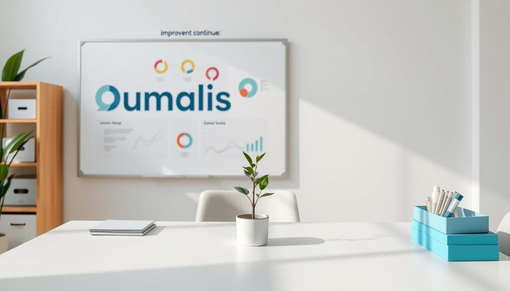 A serene, well-organized workspace with the Umalis Group logo prominently displayed. Soft, natural lighting illuminates a desk adorned with minimalist office supplies and a small potted plant, symbolizing the continuous growth and improvement of the company. In the background, a whiteboard showcases colorful diagrams and charts, visually representing the methodical approach to "amélioration continue" - the never-ending pursuit of performance enhancement. The overall scene conveys a sense of focus, efficiency, and a commitment to systematic progress, embodying the essence of the article's subject and section title.