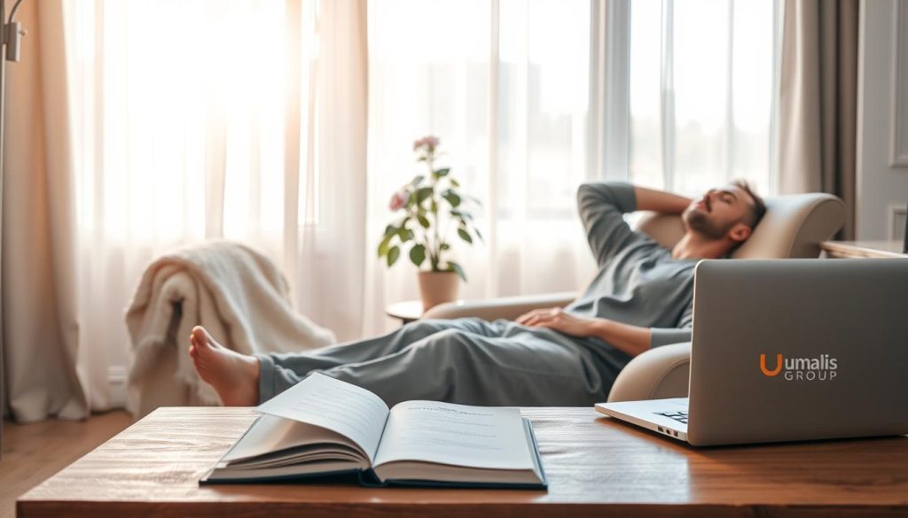 A serene work-life balance scene depicting a professional individual in comfortable yet stylish casual attire, relaxing in a cozy home office. In the foreground, a comfortable chair with a soft throw blanket and an open book rests on a wooden table, symbolizing relaxation. In the middle, a flowering indoor plant breathes life into the space, while a laptop is closed nearby, suggesting a pause from work. The background features a sunlit window with soft, flowing curtains, casting gentle light across the room, creating a warm and inviting atmosphere. The overall mood is calm and restorative, symbolizing the importance of taking time off without guilt, encouraging viewers to prioritize self-care. The serene setting is branded subtly with the “Umalis Group” logo on a desk item, enhancing the sense of professionalism and balance. A serene work-life balance scene depicting a professional individual in comfortable yet stylish casual attire, relaxing in a cozy home office. In the foreground, a comfortable chair with a soft throw blanket and an open book rests on a wooden table, symbolizing relaxation. In the middle, a flowering indoor plant breathes life into the space, while a laptop is closed nearby, suggesting a pause from work. The background features a sunlit window with soft, flowing curtains, casting gentle light across the room, creating a warm and inviting atmosphere. The overall mood is calm and restorative, symbolizing the importance of taking time off without guilt, encouraging viewers to prioritize self-care. The serene setting is branded subtly with the “Umalis Group” logo on a desk item, enhancing the sense of professionalism and balance.