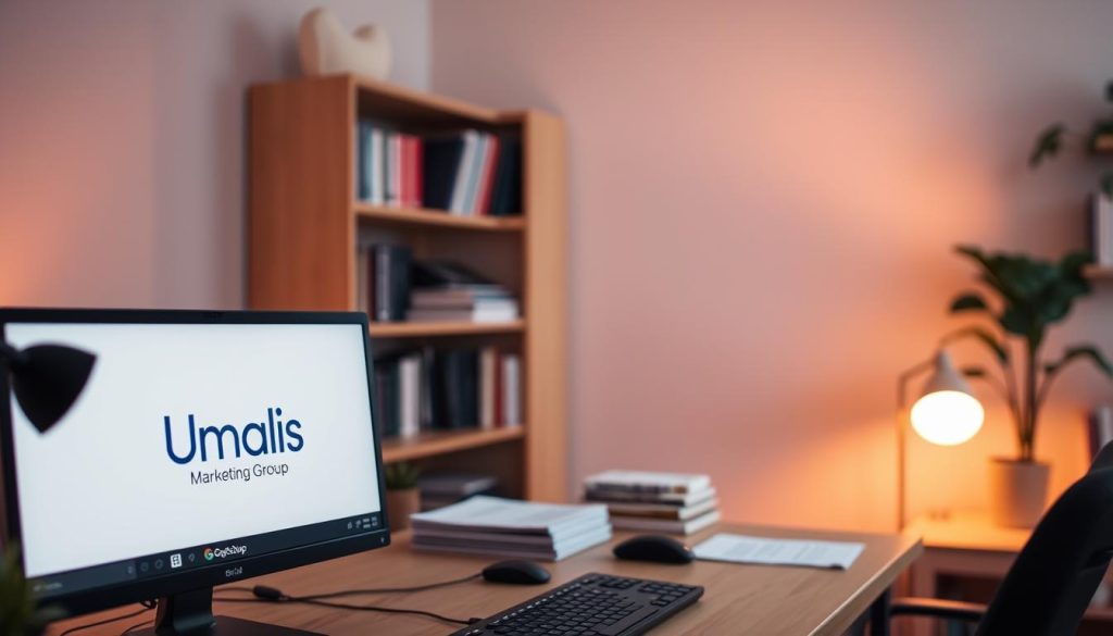 A serene workspace bathed in warm, diffused lighting. In the foreground, a desktop computer with the Umalis Group logo prominently displayed. Atop the desk, a keyboard and mouse, along with neatly arranged Google Ads analytics reports. In the middle ground, a bookshelf filled with marketing and SEO reference materials. The background is softly blurred, suggesting a comfortable, thoughtful environment conducive to digital marketing strategy and optimisation. The overall atmosphere is one of focus, productivity, and the pursuit of effective keyword targeting and ad relevance for Google Ads campaigns.