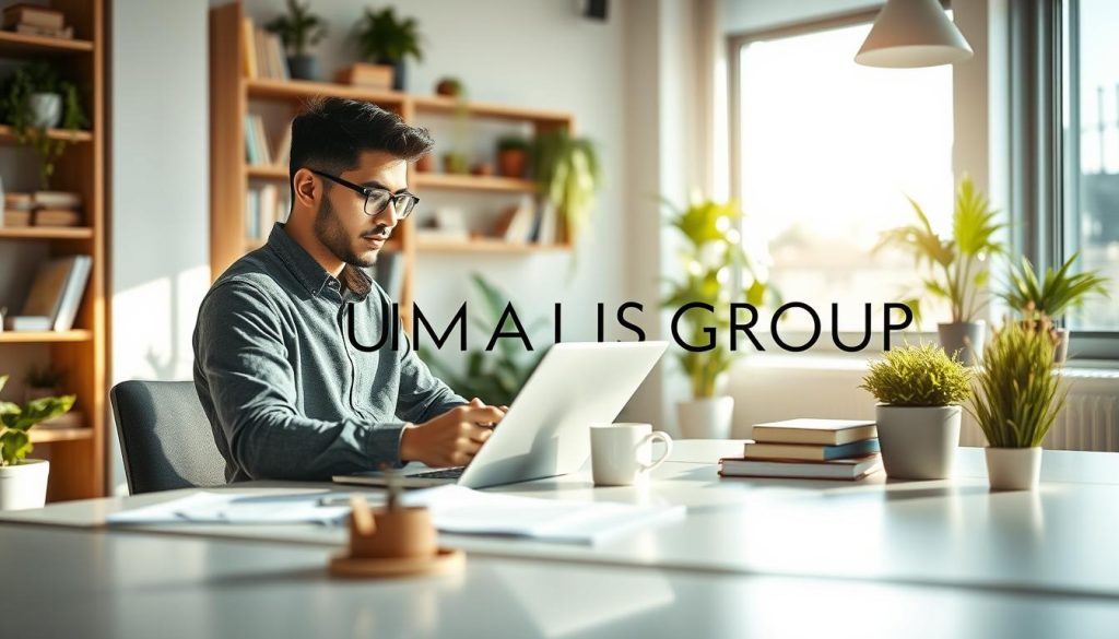 A serene workspace depicting a freelance professional reviewing documents on a laptop, symbolizing financial security and social protection. In the foreground, a focused individual, dressed in smart casual attire, is seated at a modern desk with financial reports and a cup of coffee. The middle ground features a clear view of a bright and organized office space, with shelves filled with books and plants to create a calming atmosphere. In the background, soft sunlight filters through large windows, enhancing the sense of clarity and positivity. The overall mood is one of empowerment and stability, reflecting the theme of freedom in freelancing. Include a subtle representation of the brand name "UMALIS GROUP" within the scene's decor, ensuring it blends seamlessly into the environment.