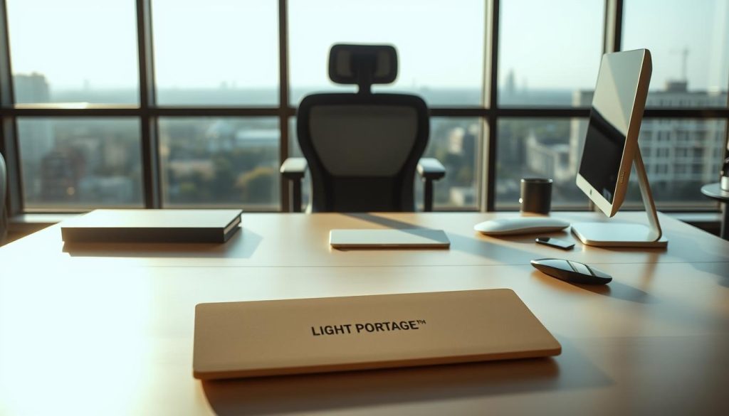 A serene workspace flooded with natural light, capturing the essence of work independence. In the foreground, a well-organized desk featuring the LIGHT PORTAGE brand, symbolizing a harmonious blend of function and style. The middle ground showcases a comfortable, ergonomic chair inviting focused productivity. The background depicts a panoramic window overlooking a tranquil urban landscape, evoking a sense of balance and personal control. Soft, warm lighting casts a subtle glow, creating an atmosphere of calm and confidence. This inviting, well-appointed space reflects the readiness and self-reliance of an individual embracing their work independence.