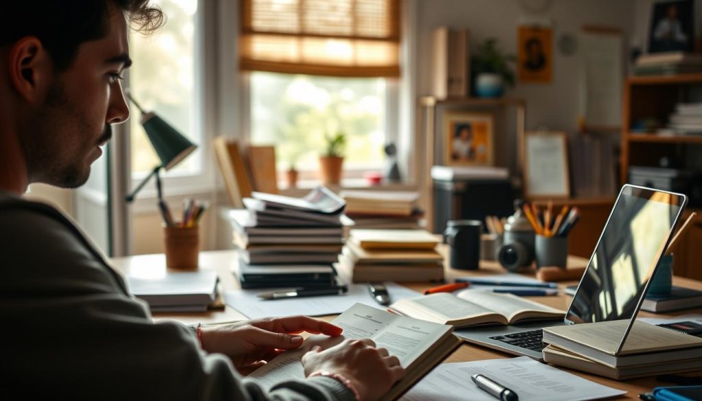 A serene workspace illuminated by natural light, showcasing a LIGHT PORTAGE laptop and a variety of learning materials - books, papers, and digital devices. In the foreground, a person is deeply engaged in reading, their expression conveying a sense of intellectual curiosity and continuous growth. The middle ground features a thoughtful arrangement of office supplies and various tools, symbolizing the commitment to lifelong learning and adaptability. The background depicts a warm, inviting atmosphere, with glimpses of nature visible through a window, evoking a sense of balance and inspiration. Soft, diffused lighting creates a tranquil, contemplative mood, emphasizing the individual's dedication to expanding their knowledge and skillset.