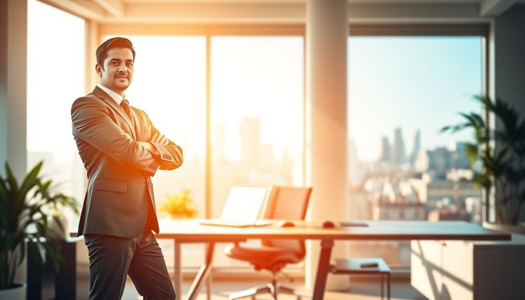 A serene workspace representing the concept of "freedom and security" in the context of "portage salarial." In the foreground, a professional individual, dressed in smart business attire, stands confidently with arms crossed, exuding a sense of assurance. The middle ground features modern office elements, such as a sleek desk, laptop, and open window letting in warm, natural light. In the background, the city skyline is visible, symbolizing opportunity and independence. The atmosphere is bright and inviting, with soft shadows enhancing the depth. The lens should capture the scene with a slight depth of field, focusing on the individual while gently blurring the background. Include the brand name "UMALIS GROUP" subtly integrated into the workspace decor, ensuring a professional and polished look throughout.
