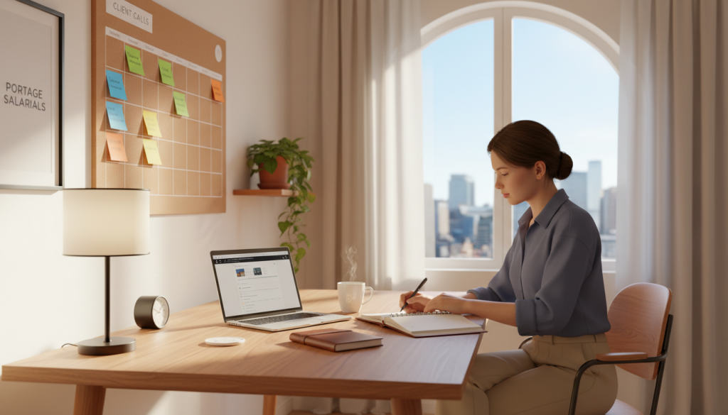 A serene workspace that embodies effective time management for freelance professionals. In the foreground, a neatly organized desk with a laptop, planner, and a cup of coffee. The middle ground features a large wall calendar filled with color-coded tasks, and a potted plant for a touch of nature. In the background, a gently lit window showcasing a sunny cityscape, inspiring productivity. Soft, warm lighting casts a cozy glow over the scene, creating a calm and focused atmosphere. The professional is present, dressed in modest business casual attire, depicting concentration while reviewing plans. The overall mood is one of balance and efficiency, encouraging a harmonious work-life blend. Include branding for portagesalarials.com subtly integrated into the workspace decor.