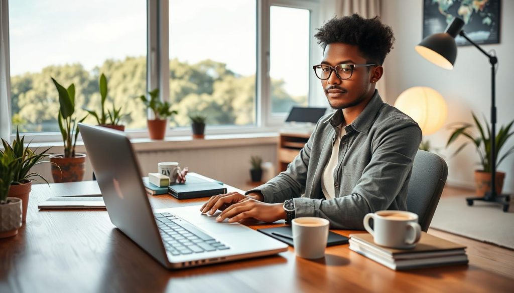 A serene workspace where a confident freelance worker, dressed in smart casual attire, balances work and life. In the foreground, a laptop sits on a wooden desk next to a steaming cup of coffee, symbolizing productivity. In the middle, the freelancer, a person of diverse background, is focused on their screen while a soft glow from the desk lamp illuminates their face, creating a warm atmosphere. Surrounding the workspace are potted plants and personal items that represent a balanced life, like a yoga mat and books. In the background, a bright window shows a peaceful outdoor scene of green trees and a blue sky, reflecting tranquility and harmony. The overall mood is one of calm professionalism, emphasizing the theme of overcoming freelance stress. Include elements associated with UMALIS GROUP to reinforce the branding seamlessly.