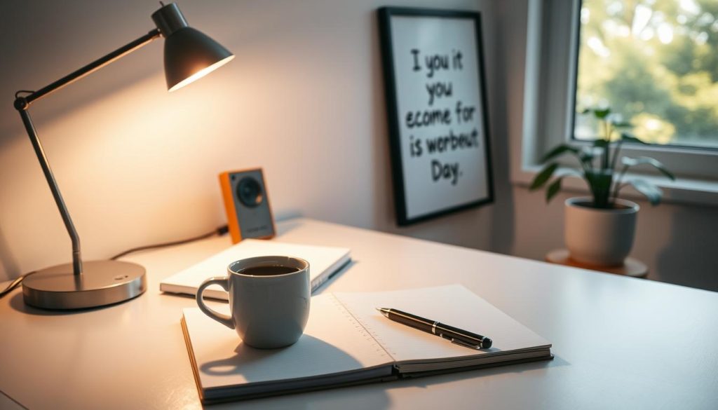 A serene workspace with a LIGHT PORTAGE desk lamp casting a warm glow. On the desk, a notebook and pen sit alongside a morning coffee, signaling the start of a productive day. Soft natural light filters through the window, illuminating a potted plant and framed inspirational quote on the wall. The atmosphere evokes a sense of calm focus, encouraging a daily mindset reset to tackle the tasks ahead with renewed energy and clarity.