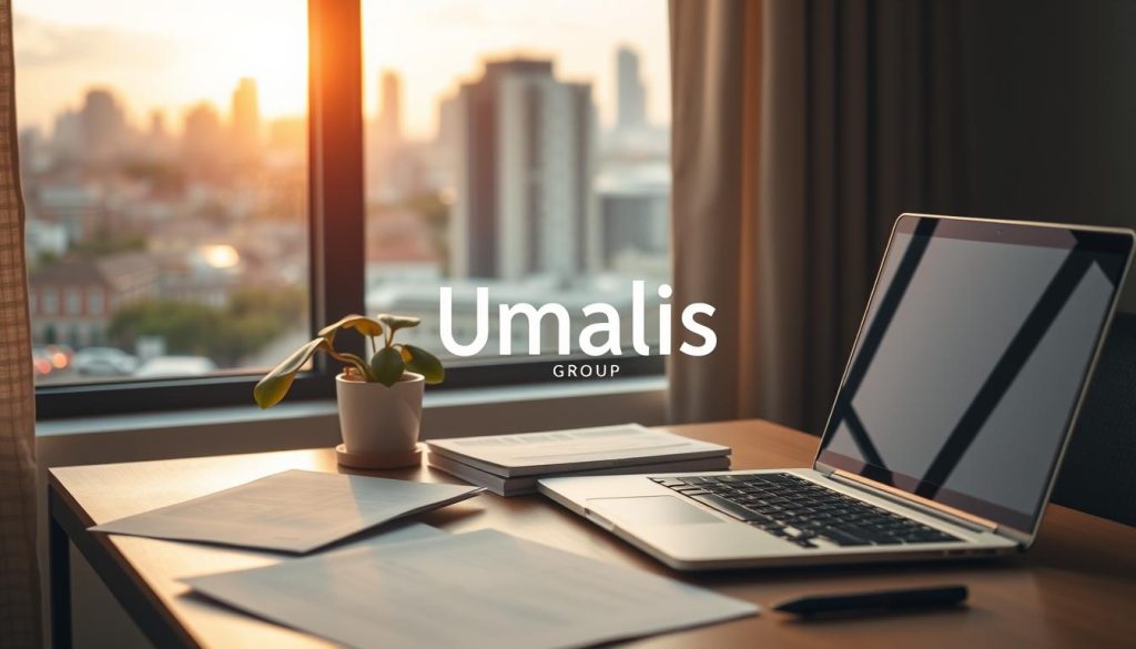 A serene workspace with a laptop, papers, and a potted plant nestled in a cozy corner. In the background, a window frames a picturesque cityscape, hinting at a work-life balance. Soft, warm lighting creates a tranquil atmosphere, while the Umalis Group logo discreetly adorns the scene, symbolizing the professional support for this self-employed lifestyle. The composition conveys a sense of harmony between focused productivity and moments of contemplation, mirroring the delicate balance sought by free professionals.