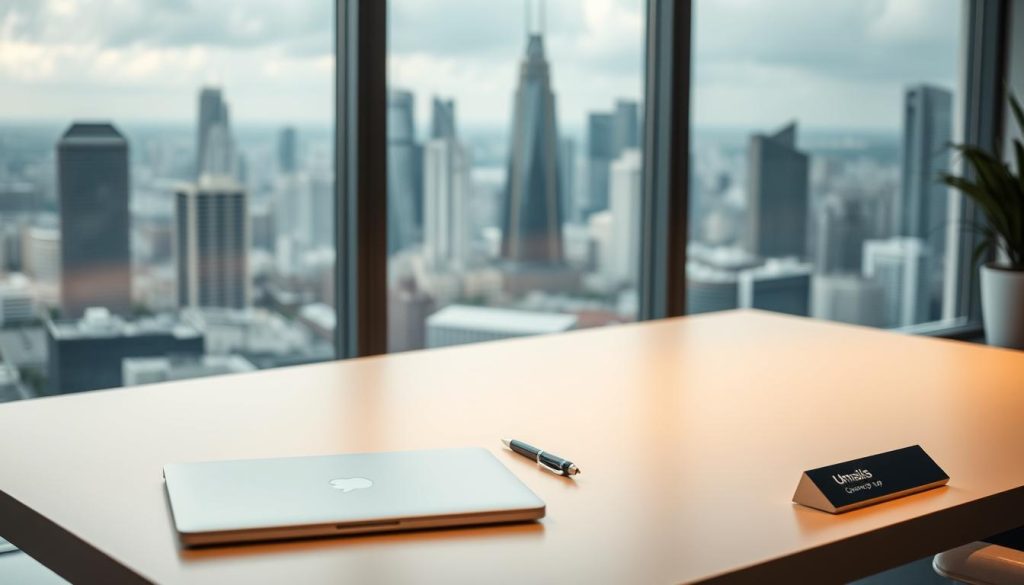 A serene workspace with a stylish minimalist desk, featuring a laptop, pen, and a sleek Umalis Group logo plaque. The lighting is soft and warm, creating a professional yet inviting atmosphere. In the background, a large window overlooks a bustling city skyline, conveying a sense of responsibility and the obligations employers have towards their employees. The composition emphasizes the importance of creating an environment that supports productivity and well-being, reflecting the key themes of the article's section on "Les obligations de l'employeur".