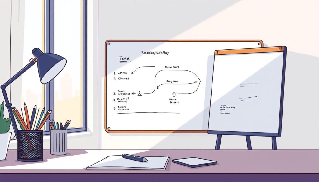 A serene workspace with a stylized workflow mapping on a whiteboard. The scene is bathed in soft, natural lighting from a window, casting a warm glow across the minimalist desk setup. In the foreground, neatly organized stationery and a pen rest near the whiteboard, hinting at the process of mapping out efficient business steps. The whiteboard displays a clear, visually appealing diagram with distinct stages, connecting arrows, and subtle icons, guiding the viewer through the streamlining process. The overall atmosphere is one of focused productivity and clarity, reflecting the desire to optimize business operations.