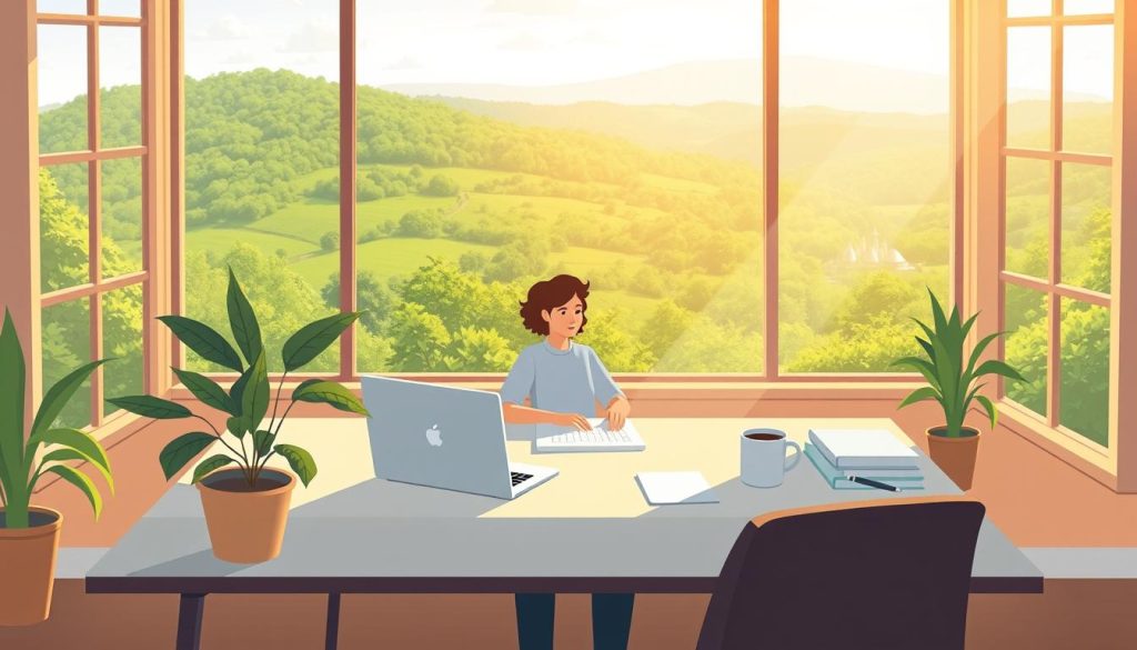 A serene workspace with natural light flooding through large windows, casting a warm glow on a minimalist desk setup. In the foreground, a laptop, a plant, and a cup of coffee symbolize productivity and well-being. In the middle ground, a person seated at the desk, deeply focused, represents the connection between mind and task. The background showcases a panoramic view of a lush, verdant landscape, evoking a sense of balance and harmony. The overall scene conveys a tranquil, inspiring atmosphere that nurtures both professional and personal growth.