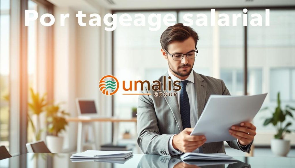 A serene yet professional-looking scene depicting the advantages of the "portage salarial" employment model. In the foreground, a well-dressed consultant reviews financial documents, conveying a sense of security and control. In the middle ground, the Umalis Group logo is prominently displayed, representing the specialized services that enable this flexible work arrangement. The background features a modern office environment with large windows, allowing natural light to flood the space and create a calm, productive atmosphere. The overall composition suggests the confidence, stability, and work-life balance that portage salarial can provide for independent professionals.