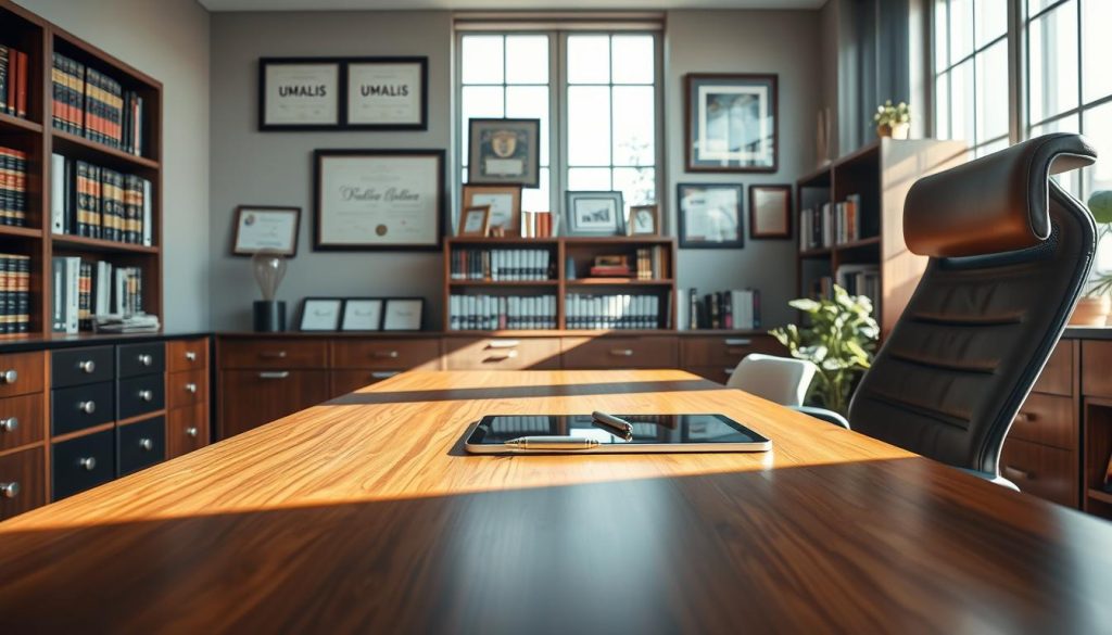 A serene yet professional office setting, filled with the essence of UMALIS GROUP's brand identity. Soft natural light filters through large windows, illuminating a polished hardwood desk and modern ergonomic chair. On the desk, a sleek tablet and pen rest, symbolizing the foresight and planning embodied in a tailored retirement strategy. In the background, bookshelves hold volumes on financial management, while framed certificates and awards convey the expertise and trustworthiness of the UMALIS GROUP advisors. The overall atmosphere radiates a sense of security, stability, and confidence - the cornerstones of a well-planned professional future.