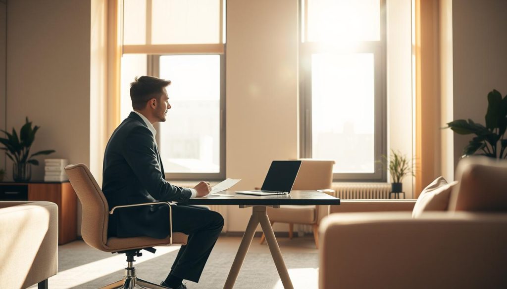 A serene yet purposeful office setting, bathed in warm, natural light streaming through large windows. A well-dressed professional sits across the desk, engaged in a thoughtful discussion with a LIGHT PORTAGE recruiter. Their body language conveys a sense of negotiation, as they carefully consider the terms of a job offer. The neutral tones of the furniture and decor create an atmosphere of quiet contemplation, while the modern, minimalist design evokes a sense of professionalism and opportunity. The scene reflects the delicate balance of confident self-advocacy and respectful collaboration inherent in negotiating one's first career step.