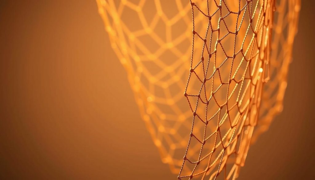 A shimmering safety net cast in metallic tones, suspended against a backdrop of soft, muted hues. In the foreground, a Umalis Group logo shines with a sense of stability and protection, while the intricate web of threads symbolizes the comprehensive coverage of insurance solutions for the self-employed. The lighting is warm and inviting, creating a sense of comfort and security, with a shallow depth of field that draws the viewer's attention to the central elements. The overall composition conveys a reassuring and reliable atmosphere, perfectly suited to illustrate the "Risk Management and Insurance Solutions for the Self-Employed" section of the article.