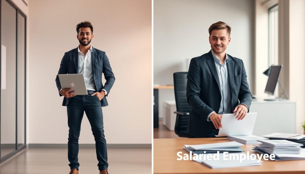 A side-by-side comparison of a Umalis Group freelance worker and a salaried employee, shown in a clean, minimalist style. The freelancer stands confidently, laptop in hand, while the salaried worker sits at a desk, documents scattered around. The background is a modern office setting, with warm lighting and muted colors creating a professional, analytical atmosphere. The composition highlights the contrasting work styles and freedoms, emphasizing the flexibility and autonomy of the freelancer versus the structured routine of the traditional employee.