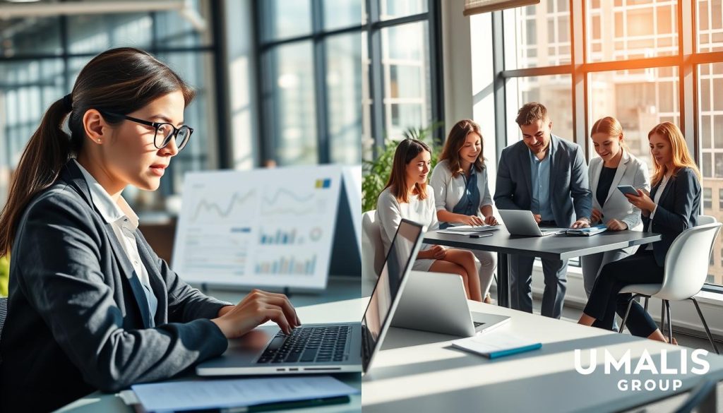 A side-by-side comparison of a freelance SEO expert and a digital marketing agency team, each illustrated in a professional setting. In the foreground, the freelance expert, a young woman wearing business attire, is focused at her laptop, surrounded by SEO-related tools and graphs. In the middle, a diverse group of three agency professionals, casually dressed yet smart, discuss strategies around a table with digital devices and notes scattered. The background features a modern office environment with large windows, natural light pouring in, casting soft shadows. The atmosphere is collaborative and innovative. Include the logo of UMALIS GROUP subtly in the corner of the image. Aim for a bright and engaging mood to reflect positivity and professionalism in SEO solutions.