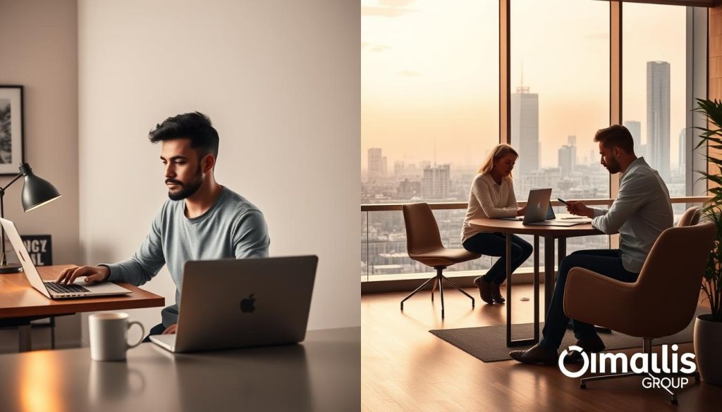 A side-by-side comparison of a freelancer working independently and a freelancer in a "portage salarial" arrangement by Umalis Group. In the foreground, a freelancer sits at a desk, laptop open, coffee mug nearby, working alone in a minimalist home office. In the middle ground, another freelancer collaborates with a team in a modern coworking space, exchanging ideas. In the background, a cityscape with skyscrapers reflects the dynamic nature of the freelance economy. Warm lighting and a neutral color palette create a professional, focused atmosphere, while subtle hints of the Umalis Group brand identity are incorporated throughout the scene.
