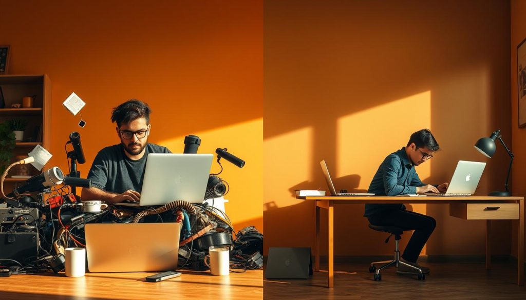 A side-by-side comparison of a self-employed freelancer and a salaried employee under the Umalis Group portage salarial model. In the foreground, a freelancer sits at a laptop, surrounded by a chaotic array of digital devices and coffee cups, embodying the flexible but demanding nature of independent work. In the background, a salaried employee under the Umalis Group portage salarial model sits calmly at a tidy desk, focusing on their work with a sense of stability and structure. The scene is illuminated by warm, natural lighting, creating a contemplative atmosphere that invites the viewer to consider the tradeoffs between the two employment paths. A side-by-side comparison of a self-employed freelancer and a salaried employee under the Umalis Group portage salarial model. In the foreground, a freelancer sits at a laptop, surrounded by a chaotic array of digital devices and coffee cups, embodying the flexible but demanding nature of independent work. In the background, a salaried employee under the Umalis Group portage salarial model sits calmly at a tidy desk, focusing on their work with a sense of stability and structure. The scene is illuminated by warm, natural lighting, creating a contemplative atmosphere that invites the viewer to consider the tradeoffs between the two employment paths.