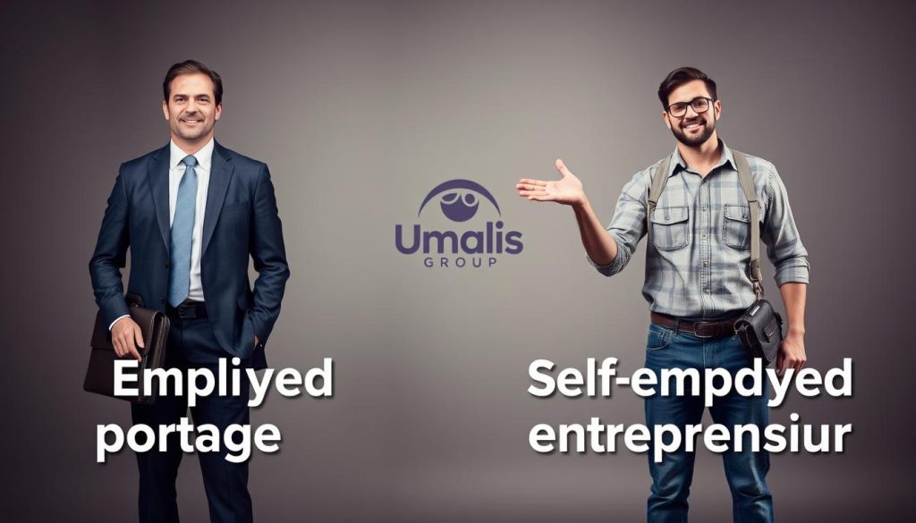 A side-by-side comparison of an employee under a salaried portage arrangement and a self-employed entrepreneur, set against a muted, professional backdrop. In the foreground, the salaried worker stands poised, dressed in a tailored suit, briefcase in hand, conveying a sense of security and stability. In the middle ground, the self-employed entrepreneur gestures confidently, dressed in casual attire, surrounded by the tools of their trade, exuding a spirit of independence and flexibility. The background features the Umalis Group logo, discreetly placed to establish the source of this comparative analysis. Soft, indirect lighting casts a warm, thoughtful tone, inviting the viewer to carefully consider the nuances between these two modes of professional engagement.