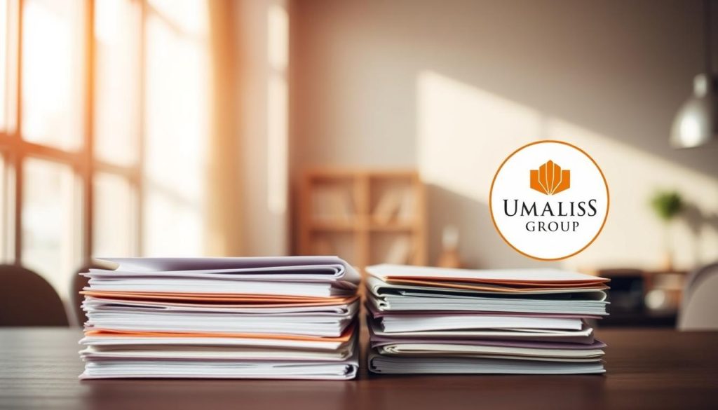 A side-by-side comparison of business and personal health insurance plans, set against a clean, modern backdrop. In the foreground, two stacks of folders represent the contrasting policy options, with a subtle depth of field blurring the background. Warm, directional lighting casts soft shadows, creating a professional, well-researched atmosphere. The Umalis Group logo is tastefully displayed in the corner, conveying expertise and authority on the subject matter.