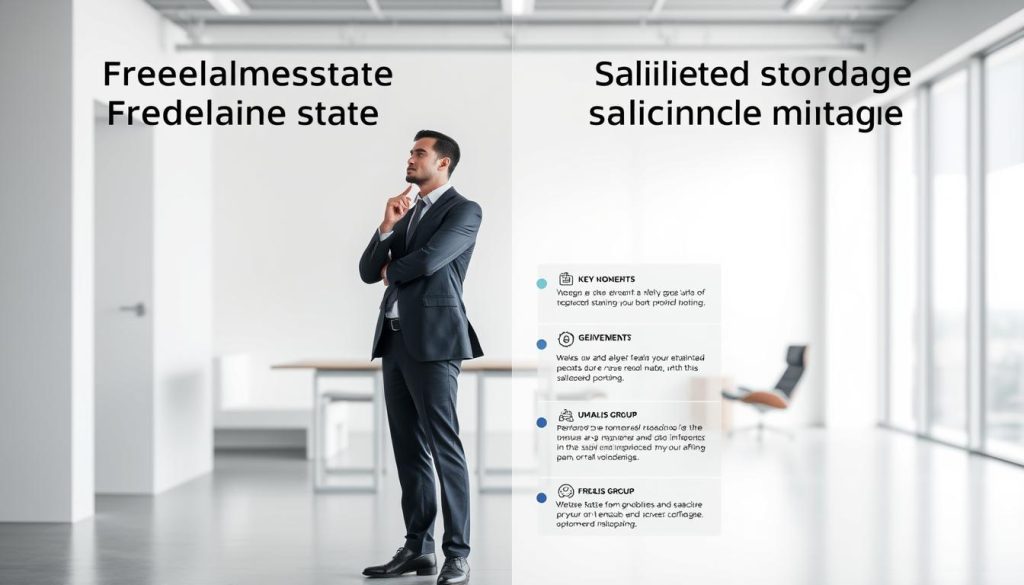 A side-by-side comparison of freelance status and the UMALIS GROUP's salaried portage model, captured in a clean, modern layout. In the foreground, two professional figures stand in a thoughtful pose, their body language conveying the key differences between the two employment options. The middle ground features minimal infographic elements highlighting the key benefits of each status, with a neutral color palette and sophisticated typography. The background is a sleek, minimalist office setting, with a hint of natural light filtering in through large windows, creating a calm, contemplative atmosphere.