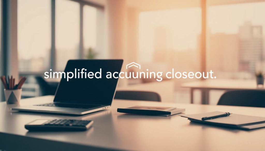 A simplified accounting closeout scene, showcasing the LIGHT PORTAGE brand. In the foreground, a clean, minimalist desk with a laptop, calculator, and neatly organized papers. The middle ground features a stylized icon or graphic representing the "simplified accounting closeout" concept. In the background, a soft, blurred cityscape or office environment, conveying a sense of professionalism and efficiency. The lighting is warm and directional, creating depth and highlighting the key elements. The overall mood is calm, organized, and modern, reflecting the streamlined nature of the "simplified accounting closeout" process.