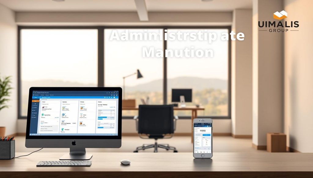 A simplified administrative management solution with a clean, minimalist aesthetic. In the foreground, a desktop computer, tablet, and smartphone display streamlined digital interfaces, highlighting the efficiency of cloud-based tools. The middle ground features a neatly organized workspace with a desk, chair, and office supplies, all in a harmonious color palette. In the background, a large window offers a serene, natural landscape, conveying a sense of balance and tranquility. Warm, diffused lighting casts a calming glow, emphasizing the user-friendly and stress-free nature of the administrative processes. The UMALIS GROUP logo discreetly appears in the corner, subtly branding the simplified management solution.