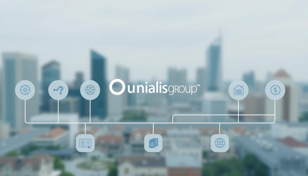 A simplified administrative management system, streamlined and efficient, with the Umalis Group logo prominently displayed. A modern, minimalist design featuring clean lines, geometric shapes, and a color palette of muted blues and grays. The layout suggests a user-friendly interface, with intuitive icons and a clutter-free workspace. In the background, a subtly blurred cityscape symbolizes the professional context. The overall atmosphere conveys a sense of organization, productivity, and the Umalis Group's commitment to simplifying administrative tasks for their clients.