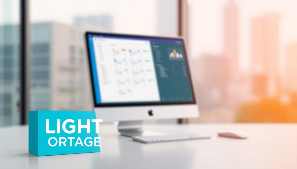 A simplified and streamlined administrative management system, with a clean, modern aesthetic. The LIGHT PORTAGE brand logo stands prominently in the foreground, conveying professionalism and efficiency. In the middle ground, a computer screen displays an intuitive user interface, highlighting the software's user-friendly design. The background features a soft, blurred cityscape, suggesting the real-world business context in which this administrative solution thrives. The overall scene evokes a sense of clarity, organization, and the seamless integration of technology into everyday administrative tasks.