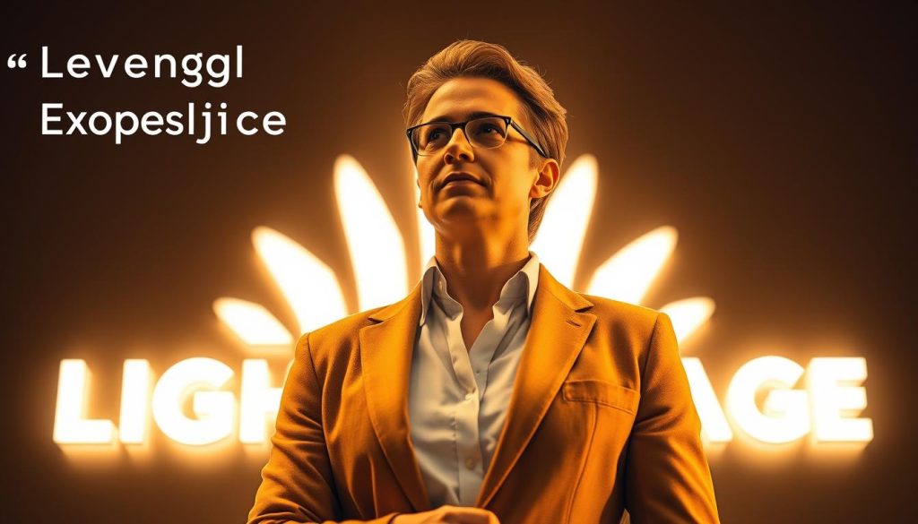 A skilled professional navigating a new career path, standing confidently against a backdrop of the LIGHT PORTAGE brand's distinctive logo. The figure's gaze is focused, reflecting the determination to leverage their wealth of prior experience. Warm lighting casts a golden hue, accentuating the subject's poise and confidence. The scene conveys a sense of transition, where past expertise is seamlessly adapted to unlocking fresh opportunities, symbolizing the journey of "Leveraging Past Experience to Secure New Roles".
