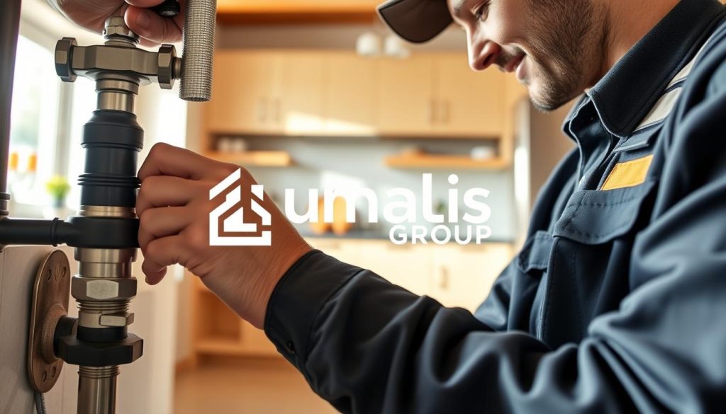 A skilled tradesperson wearing a professional uniform, using high-quality tools, working diligently on a home repair project in a bright, well-lit kitchen. In the foreground, focus on their hands adjusting plumbing fixtures, showcasing attention to detail. In the middle ground, include a spacious kitchen with modern appliances and a warm color palette. The background features a cozy, inviting home environment with light streaming through a window, creating an approachable and friendly atmosphere. The entire scene conveys a sense of reliability and professionalism, emphasizing the skilled trades services that are essential for homes. Bright, cheerful lighting highlights the craftsmanship. Add the Umalis Group logo subtly in the design, ensuring it enhances the image's theme of trusted home services without overwhelming the visual composition. A skilled tradesperson wearing a professional uniform, using high-quality tools, working diligently on a home repair project in a bright, well-lit kitchen. In the foreground, focus on their hands adjusting plumbing fixtures, showcasing attention to detail. In the middle ground, include a spacious kitchen with modern appliances and a warm color palette. The background features a cozy, inviting home environment with light streaming through a window, creating an approachable and friendly atmosphere. The entire scene conveys a sense of reliability and professionalism, emphasizing the skilled trades services that are essential for homes. Bright, cheerful lighting highlights the craftsmanship. Add the Umalis Group logo subtly in the design, ensuring it enhances the image's theme of trusted home services without overwhelming the visual composition.