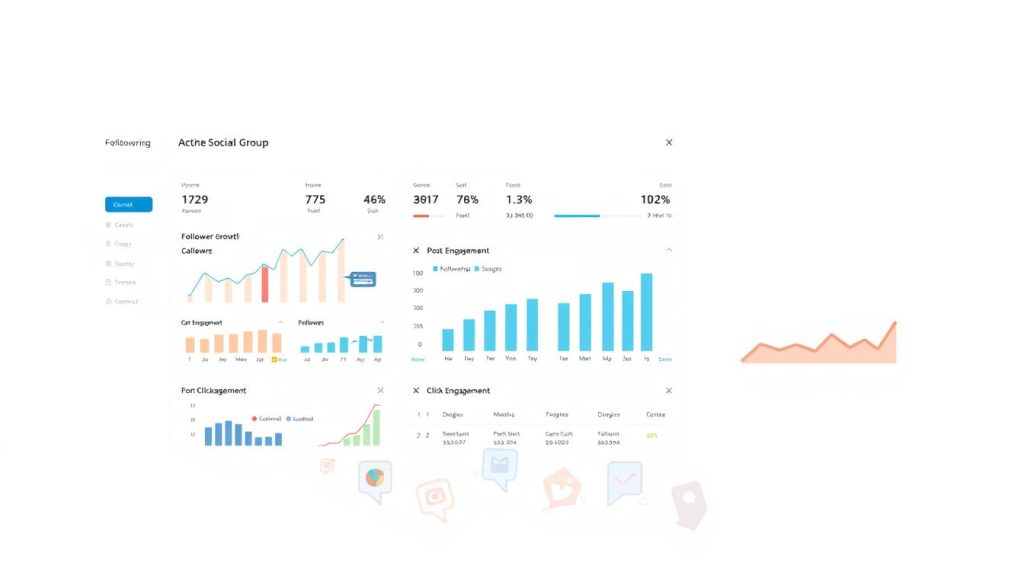 A sleek and minimalist data visualization dashboard showcasing social media engagement metrics for the Umalis Group. The foreground features a clean interface with various charts and graphs tracking key performance indicators such as follower growth, post engagement, and click-through rates. The middle ground depicts stylized social media platform icons, conveying the omnichannel nature of the data. The background is a soft, neutral gradient, creating a serene, professional atmosphere. The overall composition is balanced, with a focus on clear, data-driven insights to support the "Setting Clear Social Media Engagement Goals" section of the article.