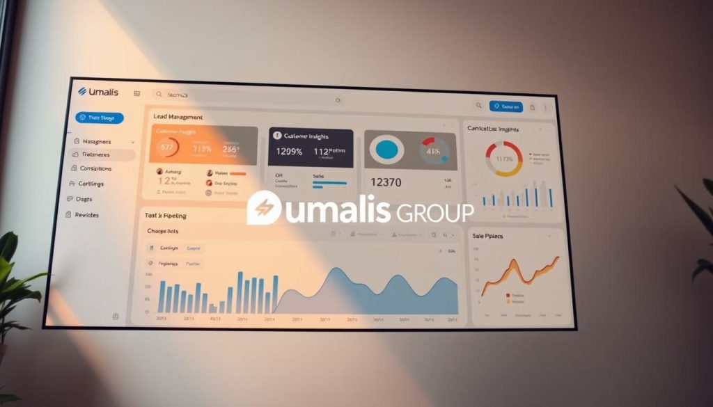 A sleek and modern CRM dashboard display, showcasing key functionalities such as lead management, customer insights, and sales pipeline visualization. The layout is clean and intuitive, with thoughtfully arranged widgets and infographics against a subtle gradient background. Warm lighting casts a professional ambiance, captured through a wide-angle lens to convey a sense of depth and scale. The Umalis Group logo is prominently featured, reinforcing the brand's commitment to efficient customer relationship management.