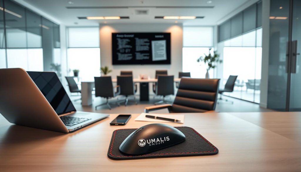 A sleek and modern administrative office environment showcasing the administrative services of UMALIS GROUP's salaried portage solution. In the foreground, a professional-looking desk with a minimalist design, neatly organized with a laptop, stationery, and a tactile, high-quality mouse pad bearing the UMALIS GROUP logo. The middle ground features stylish but comfortable office chairs and a large, wall-mounted monitor displaying relevant administrative documents. The background depicts floor-to-ceiling windows allowing ample natural light to fill the space, creating a sense of openness and professionalism. The overall atmosphere conveys efficiency, security, and the expert legal and administrative support that UMALIS GROUP provides to its salaried portage clients.