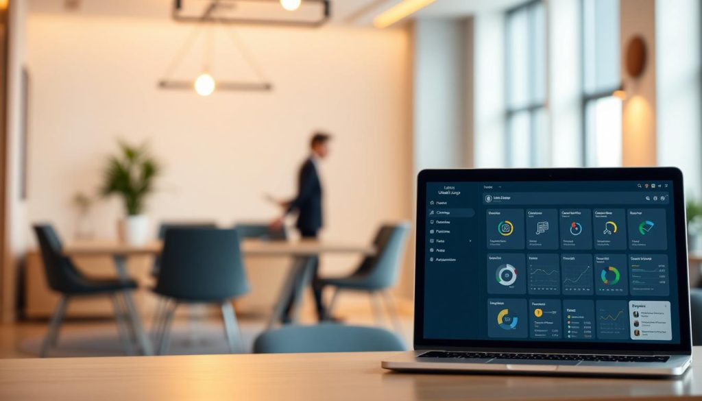 A sleek and modern administrative solution, a dedicated platform showcasing the Umalis Group brand. In the foreground, a clean and intuitive user interface with minimalist icons and streamlined workflows. In the middle ground, a laptop or tablet display presenting comprehensive data dashboards and efficient task management tools. The background features a stylish, well-lit office environment with neutral tones and subtle textures, conveying a sense of professionalism and productivity. Soft, directional lighting casts a warm glow, creating a welcoming and focused atmosphere. The overall composition highlights the Umalis Group's commitment to empowering businesses with a tailored administrative solution that optimizes daily operations.