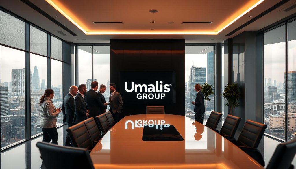 A sleek and modern corporate office interior, bathed in warm, diffused lighting. In the foreground, a group of professionals engaged in lively discussion around a polished conference table, representing the "networking" aspect of "portage salarial". The middle ground features a prominent display of the "Umalis Group" brand, conveying the idea of a leading provider of portage salarial services. The background showcases floor-to-ceiling windows, offering a panoramic view of a bustling city skyline, symbolizing the broader opportunities and connections available through an optimized portage salarial partnership.