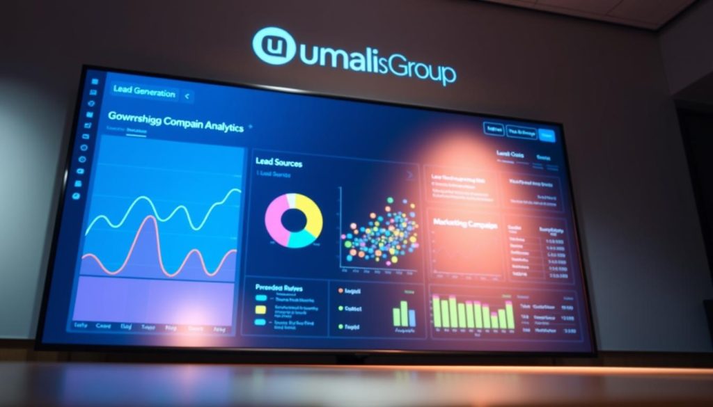 A sleek and modern data analytics dashboard for "lead generation analytics" displayed on a large, high-resolution screen. The dashboard features clean, minimalist design with vibrant colors and intuitive data visualizations. In the foreground, a line graph tracks lead conversion rates over time, while a pie chart shows the breakdown of lead sources. In the middle ground, a scatter plot visualizes lead quality against marketing campaign spending. In the background, the Umalis Group brand logo is prominently displayed, providing a professional and trustworthy feel to the scene. The lighting is soft and directional, creating depth and highlighting the crisp details of the dashboard. The overall mood is one of efficiency, insight, and data-driven decision making.