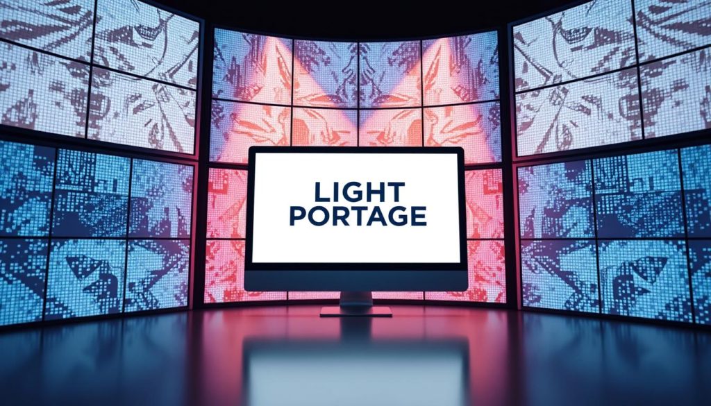 A sleek and modern digital marketing landscape, featuring a prominent "LIGHT PORTAGE" display advertisement against a backdrop of subtly patterned digital screens. The composition is illuminated by soft, directional lighting, creating a sense of depth and emphasizing the advertisement's visual appeal. The overall atmosphere conveys a professional, technology-driven aesthetic that aligns with the strategies for independent professionals detailed in the article. The image should captivate the viewer and effectively illustrate the "Google Ads and Facebook Ads: paid acquisition for predictable lead flow" section.