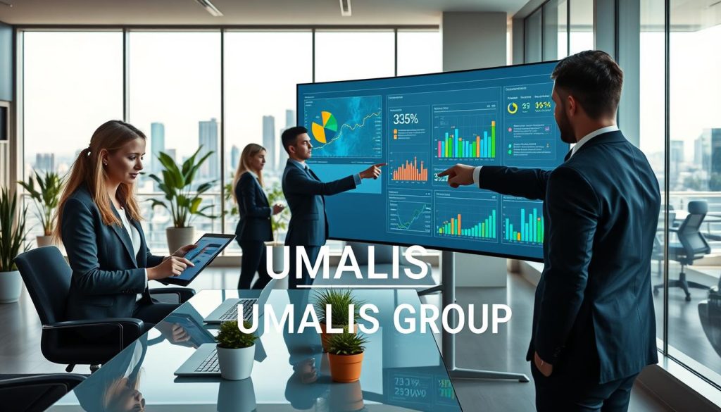 A sleek and modern digital workspace illustrating user experience, featuring a diverse group of professional individuals analyzing data on laptops. In the foreground, a woman in smart business attire attentively studies user behavior analytics on a tablet, while a man in business casual gear points at a large screen showcasing vibrant, interactive graphs. The middle scene captures a spacious, well-lit office with ergonomic furniture and potted plants, promoting productivity. The background highlights a city skyline through large windows, conveying a sense of innovation and connectivity. Soft, natural lighting enhances the serene atmosphere, with reflections on the glass surfaces adding visual depth. The brand name “UMALIS GROUP” is subtly integrated into the workspace, embodying a commitment to enhancing user experiences in digital environments.