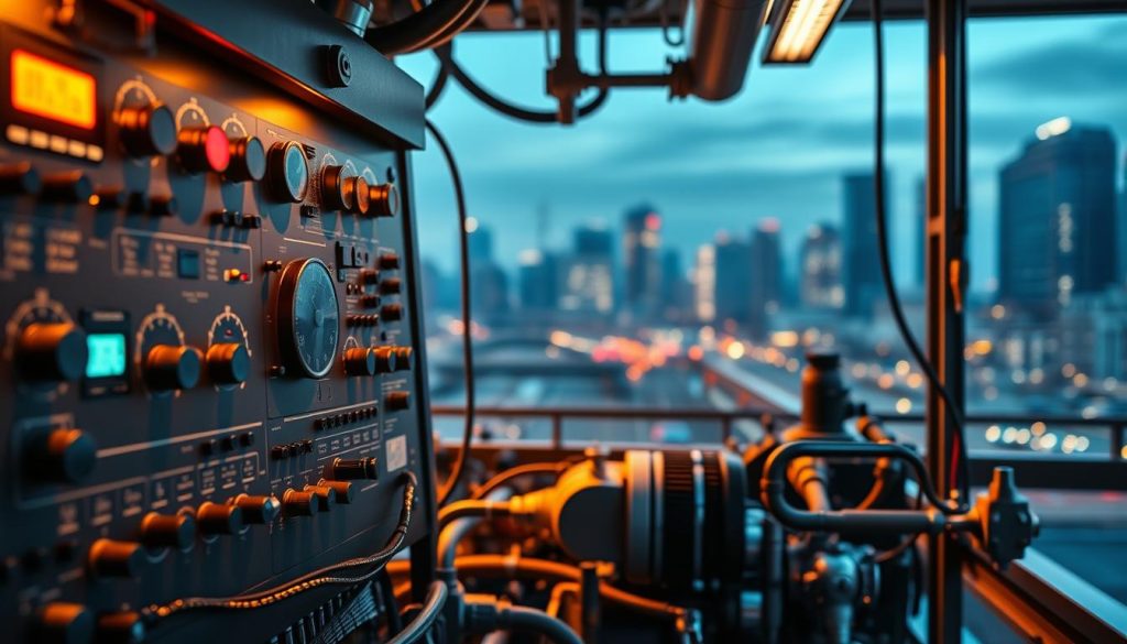 A sleek and modern engineering mechanism for the Umalis Group's salarial portage service. The scene depicts a sophisticated control panel with intricate dials, toggles, and digital displays, illuminated by warm, directional lighting that casts dramatic shadows. The mid-ground features various technical components, pipes, and wires, hinting at the complex inner workings. In the background, a blurred cityscape suggests the urban environment where this engineering solution is applied. The overall mood is one of precision, functionality, and technological prowess, reflecting the Umalis Group's expertise in salarial portage for engineering professionals.
