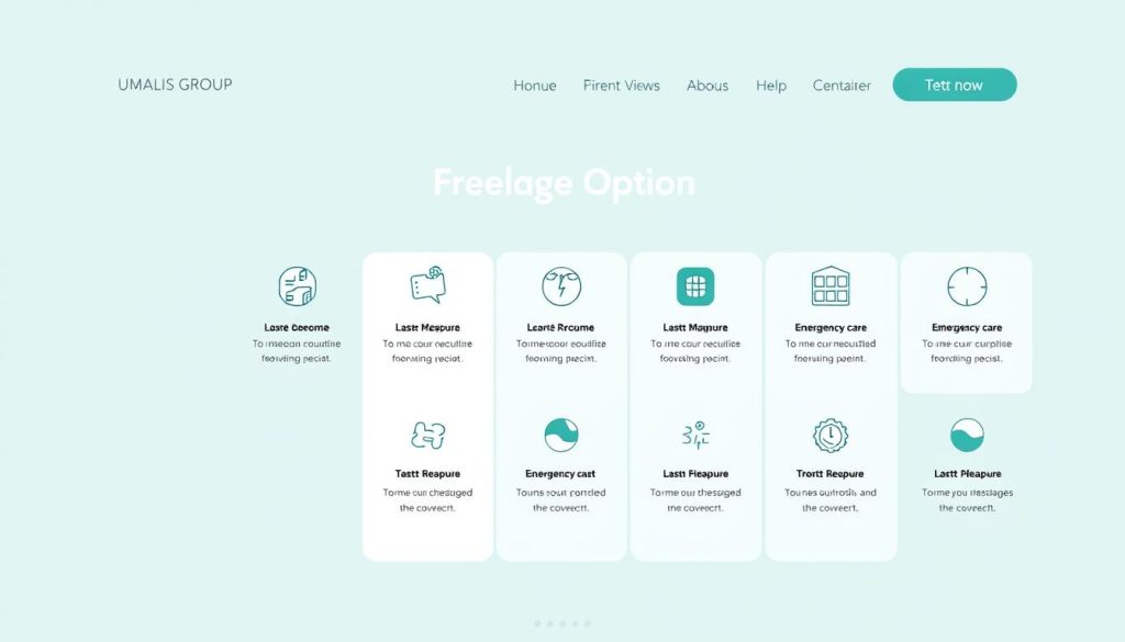 A sleek and modern healthcare plan designed for the "Umalis Group" freelance workforce. A clean, minimalist interface displays comprehensive coverage options, from routine checkups to emergency care. The layout is crisp and intuitive, with icons and infographics guiding users through the various plan tiers. The color palette is soothing, with shades of blue and green evoking a sense of trust and well-being. The overall impression is one of a tailored, high-quality healthcare solution that caters to the unique needs of the modern, flexible workforce.