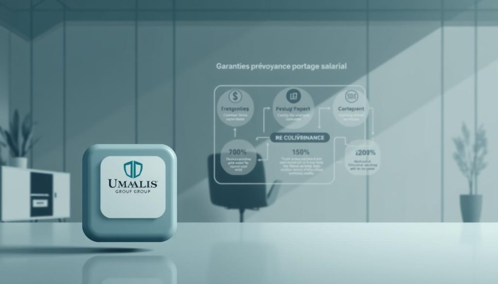 A sleek and modern illustration depicting the core elements of "garanties prévoyance portage salarial". In the foreground, a stylized icon representing the UMALIS GROUP brand, showcasing their expertise in this domain. The middle ground features a sophisticated infographic detailing the key aspects of prevoyance coverage for freelance and contract workers, presented in a clean and visually compelling manner. The background subtly evokes a professional office setting, with muted tones and minimalist geometric patterns to create a sense of security and reliability. The overall composition conveys a message of comprehensive protection and financial peace of mind for those engaged in the portage salarial employment model.