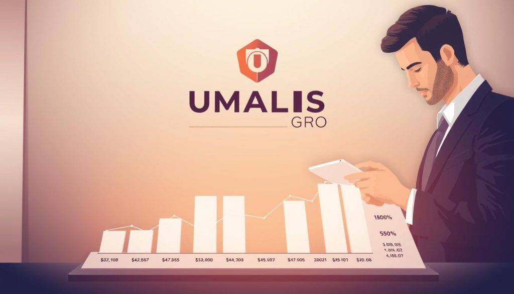 A sleek and modern illustration showcasing the process of calculating remuneration for a salarial portage arrangement. In the foreground, a stylized graph or chart displays key financial metrics, rendered in a clean, data-driven aesthetic. The midground features a professional-looking person, dressed in business attire, thoughtfully reviewing the calculations on a tablet device. The background depicts the UMALIS GROUP logo, conveying the authority and expertise of this leading salarial portage provider. The overall scene is bathed in a warm, diffused lighting, creating a sense of professionalism and financial acumen.
