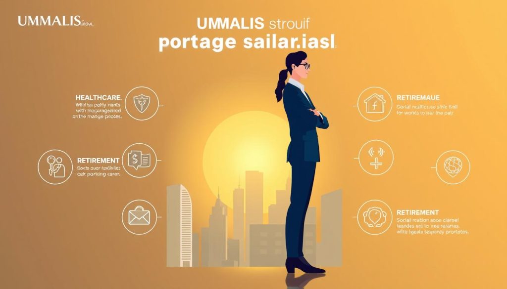 A sleek and modern illustration showcasing the social benefits of UMALIS GROUP's portage salarial service. In the foreground, a well-dressed professional stands confidently, flanked by icons representing healthcare, retirement, and other social protections. The middle ground features a stylized city skyline, hinting at the flexibility and career opportunities afforded by this employment model. The background is bathed in a warm, golden light, conveying a sense of security and stability. The overall composition communicates the key advantages of UMALIS GROUP's portage salarial - comprehensive social coverage paired with the freedom to pursue one's professional ambitions.