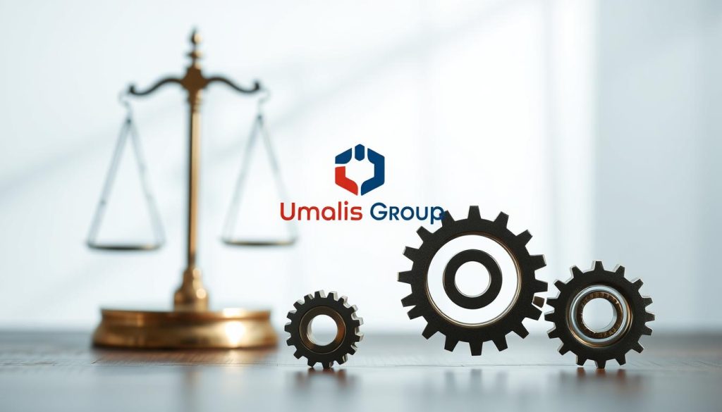 A sleek and modern legal framework, represented by geometric shapes and lines, forms the backdrop. In the foreground, a collective agreement is symbolized by interlocking gears, conveying the collaborative nature of this professional service. The Umalis Group logo is prominently displayed, highlighting their expertise in providing secure and reliable portage salarial solutions for independent workers. The scene is illuminated by soft, directional lighting, creating a sense of balance and professionalism. The overall composition suggests a harmonious integration of legal structures and collective support, reflecting the key aspects of the "法律框架与集体协议解析" section.