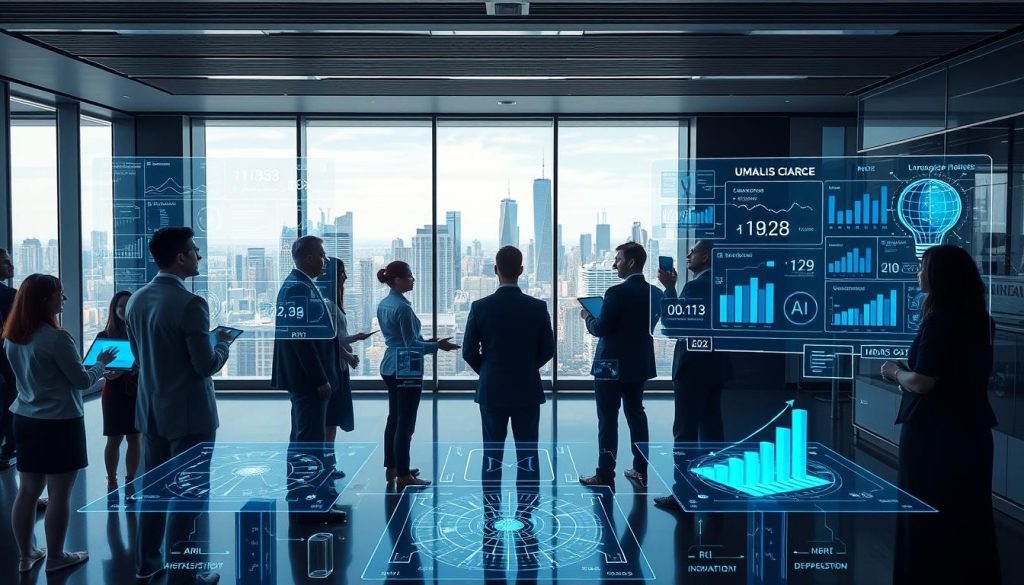 A sleek and modern office environment representing the theme of automation and language models in reporting. In the foreground, a diverse group of professionals in business attire interact with digital interfaces showcasing data analytics and reporting metrics. In the middle ground, holographic displays visualize complex language models and AI agents, with graphs and flowcharts radiating innovative ideas. The background features a large, panoramic window revealing a city skyline, symbolizing growth and opportunity. Bright, natural lighting enhances the technological ambiance, while the atmosphere exudes a sense of collaboration and forward-thinking. Include subtle branding of "UMALIS GROUP" incorporated into the digital interfaces, adding a professional touch without overpowering the overall composition.